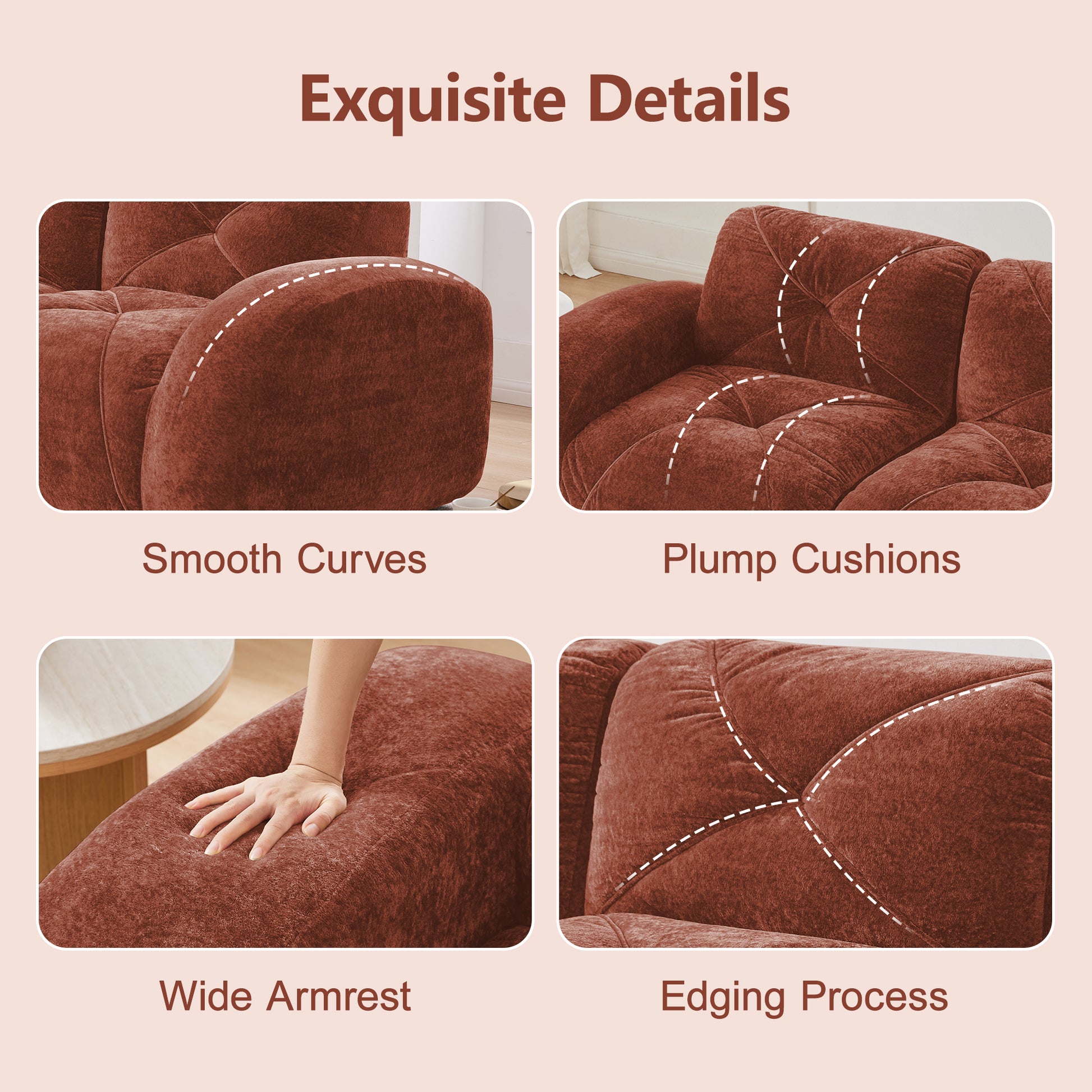 140''Soft Velvet Fabric,Boneless Sofa With Tufted,32D High Density Sponge,Ergonomic Design Bottom,No Assembly Required,Bottom Anti-Slip Design,For Living Rooms,Home Theater,Red Brown image 6