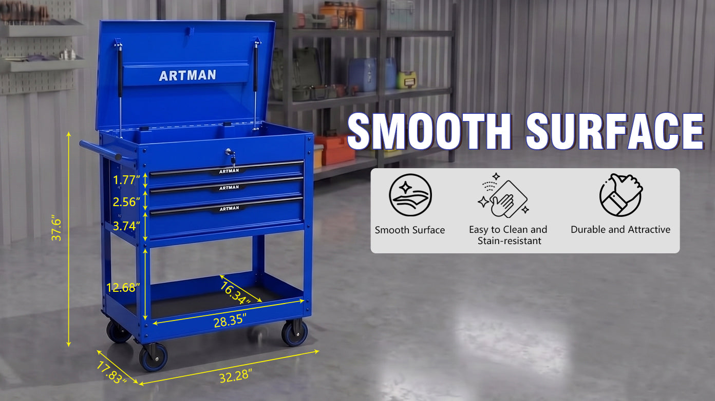 3 DRAWERS MULTIFUNCTIONAL TOOL CART WITH WHEELS AND STEEL TOP-Blue&Black image 12