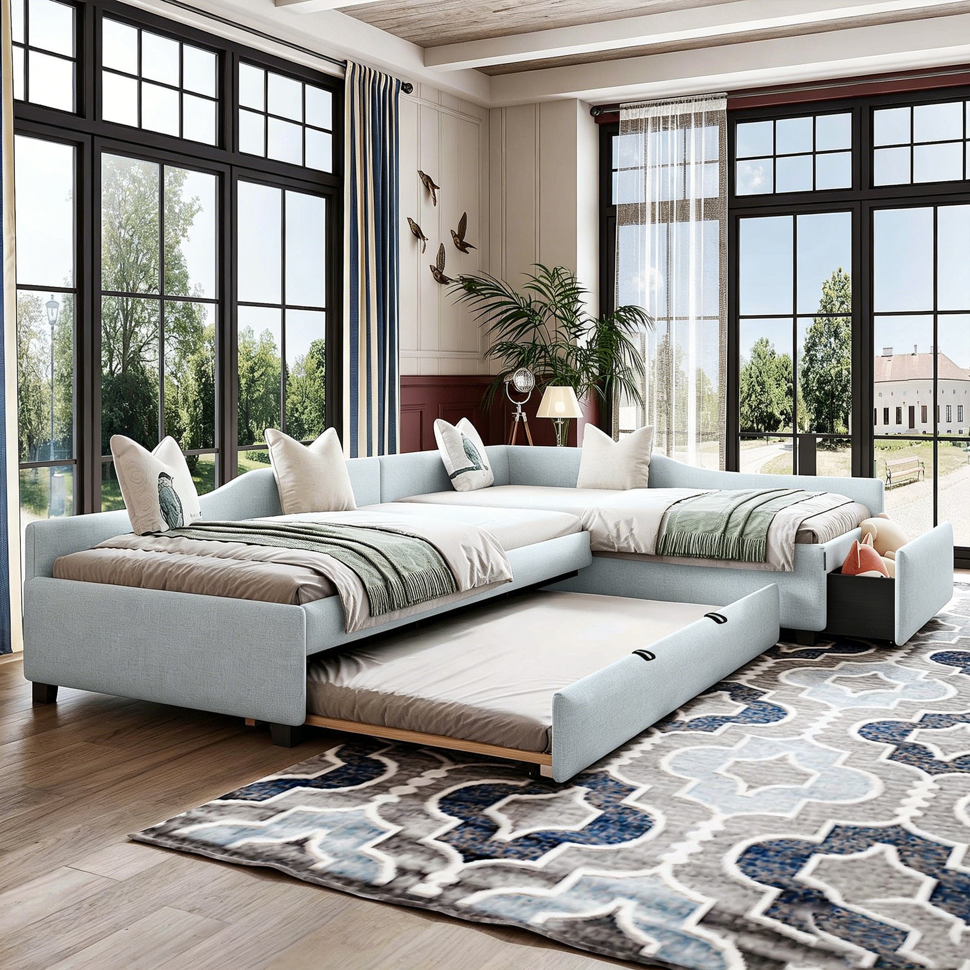 Upholstered Double Twin Size Daybed with Trundle and Drawer, Beige image 1