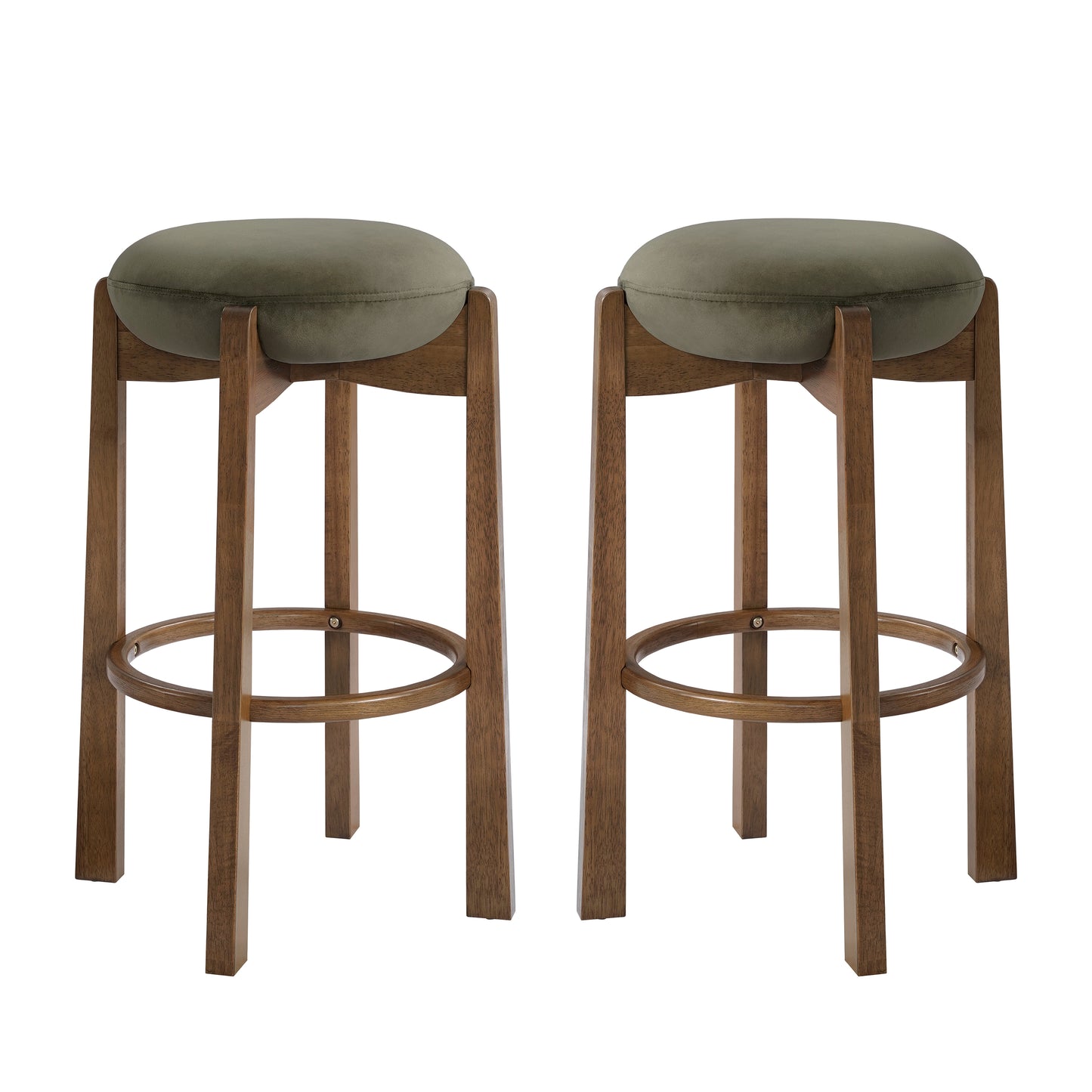 Tara Contemporary Backless Bar Stool, Dark Walnut Finish Rubber Wood Frame with Green Upholstery, Set of 2 image 2