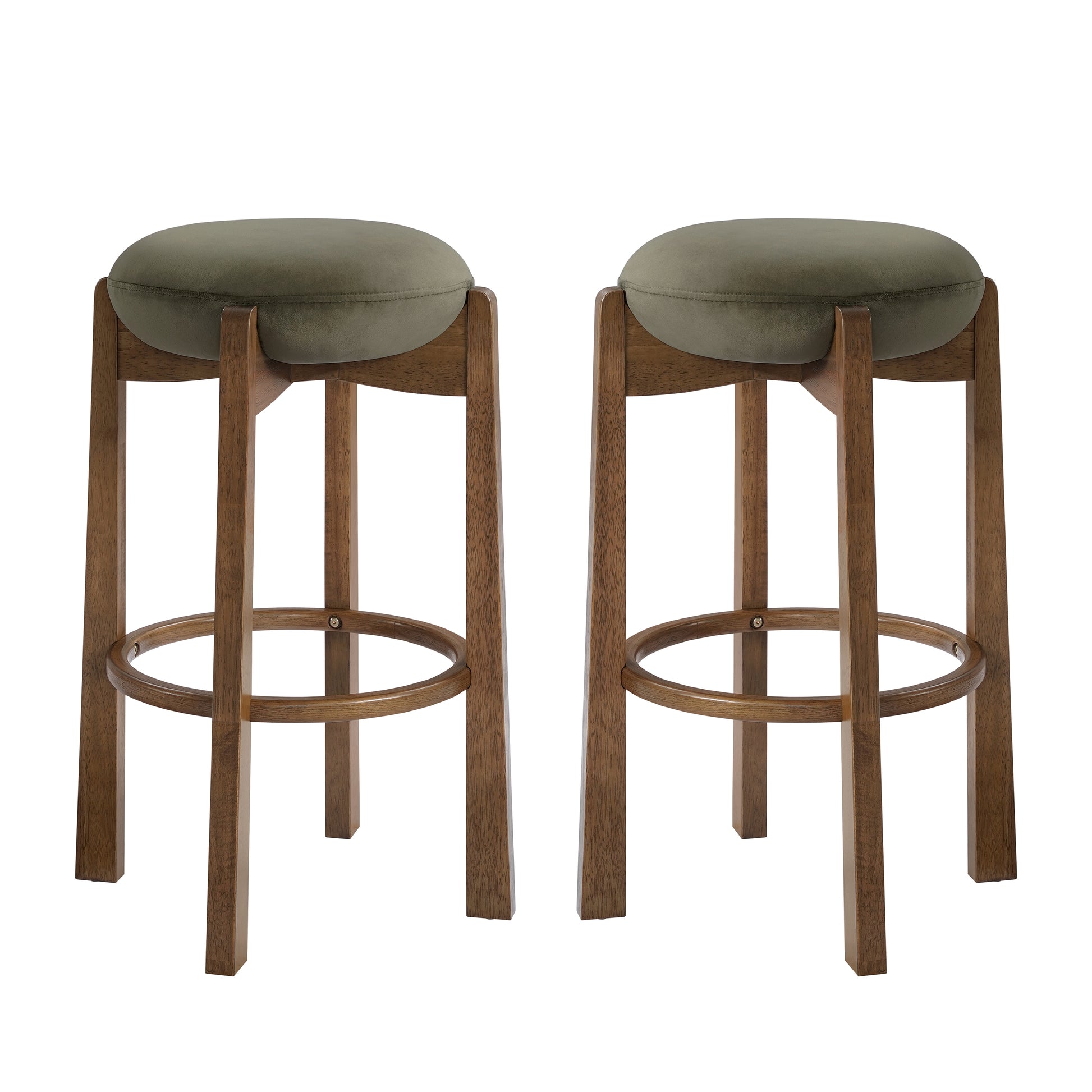 Tara Contemporary Backless Bar Stool, Dark Walnut Finish Rubber Wood Frame with Green Upholstery, Set of 2 image 2