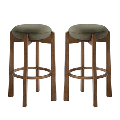 Tara Contemporary Backless Bar Stool, Dark Walnut Finish Rubber Wood Frame with Green Upholstery, Set of 2 image 2