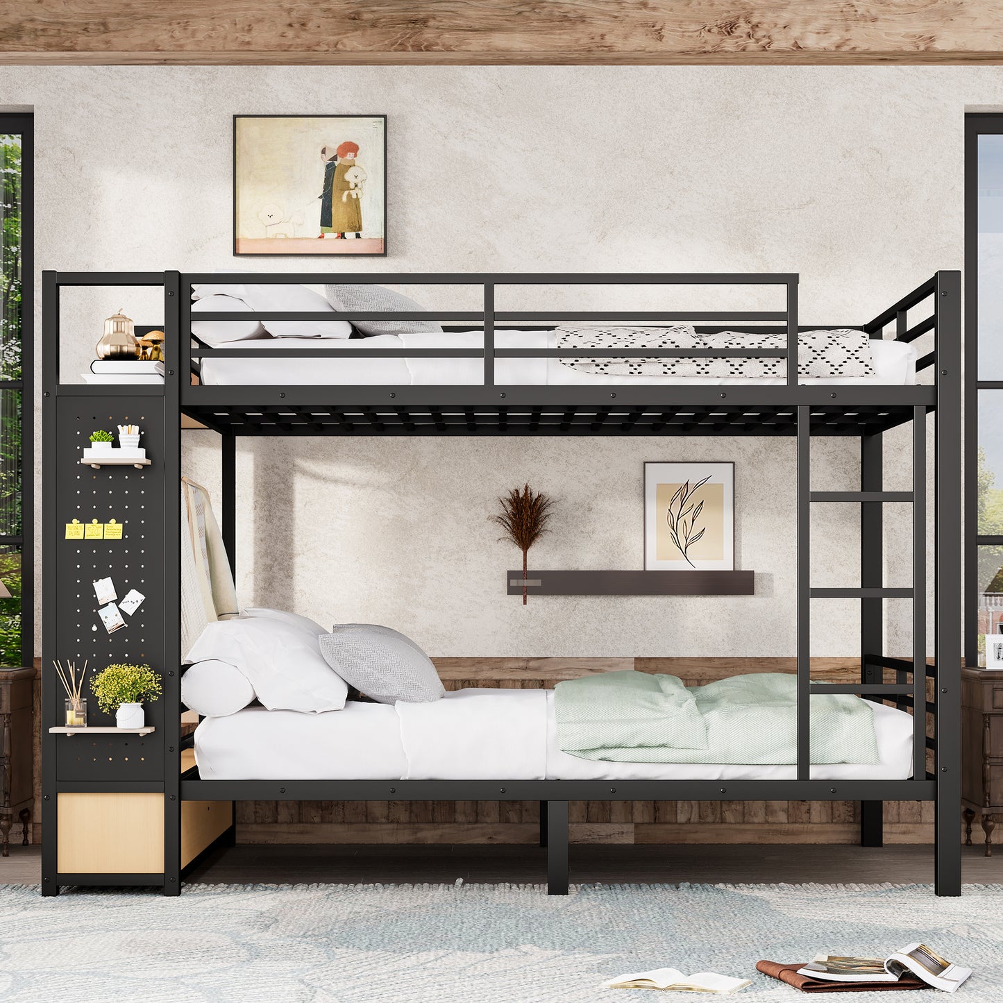 Queen over Queen size Metal Bunk Bed for Teens with Storage Shelves,Drawers and Pegboard,Black image 2