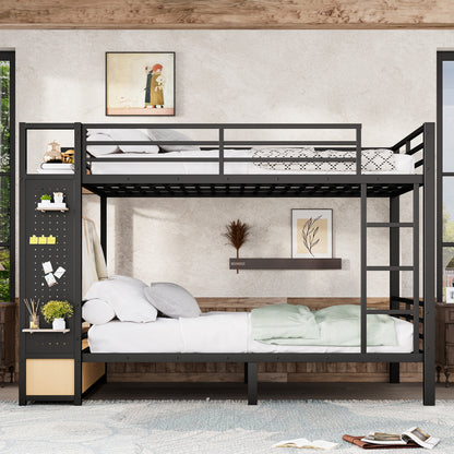 Queen over Queen size Metal Bunk Bed for Teens with Storage Shelves,Drawers and Pegboard,Black image 2