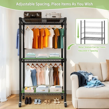 Rolling Clothes Rack, Heavy Duty Clothes Rack with Wheels, 3 Tiers Adjustable Wire Shelving Clothes Rack with 2 Clothes Rails and Side Hooks, Portable Closet Organizer, 35.43''×17.13D''×70.87''H,Black image 6