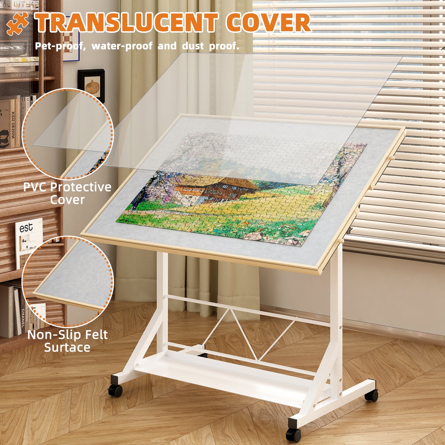 (WHITE) Wooden 1500 Piece Puzzle Table with Drawer, 35"*27.17" Adjustable Puzzle Table, 360° Tilting Puzzle Table with Legs and Wheels, Adjustable Height and Angle, with Protective Cover image 5