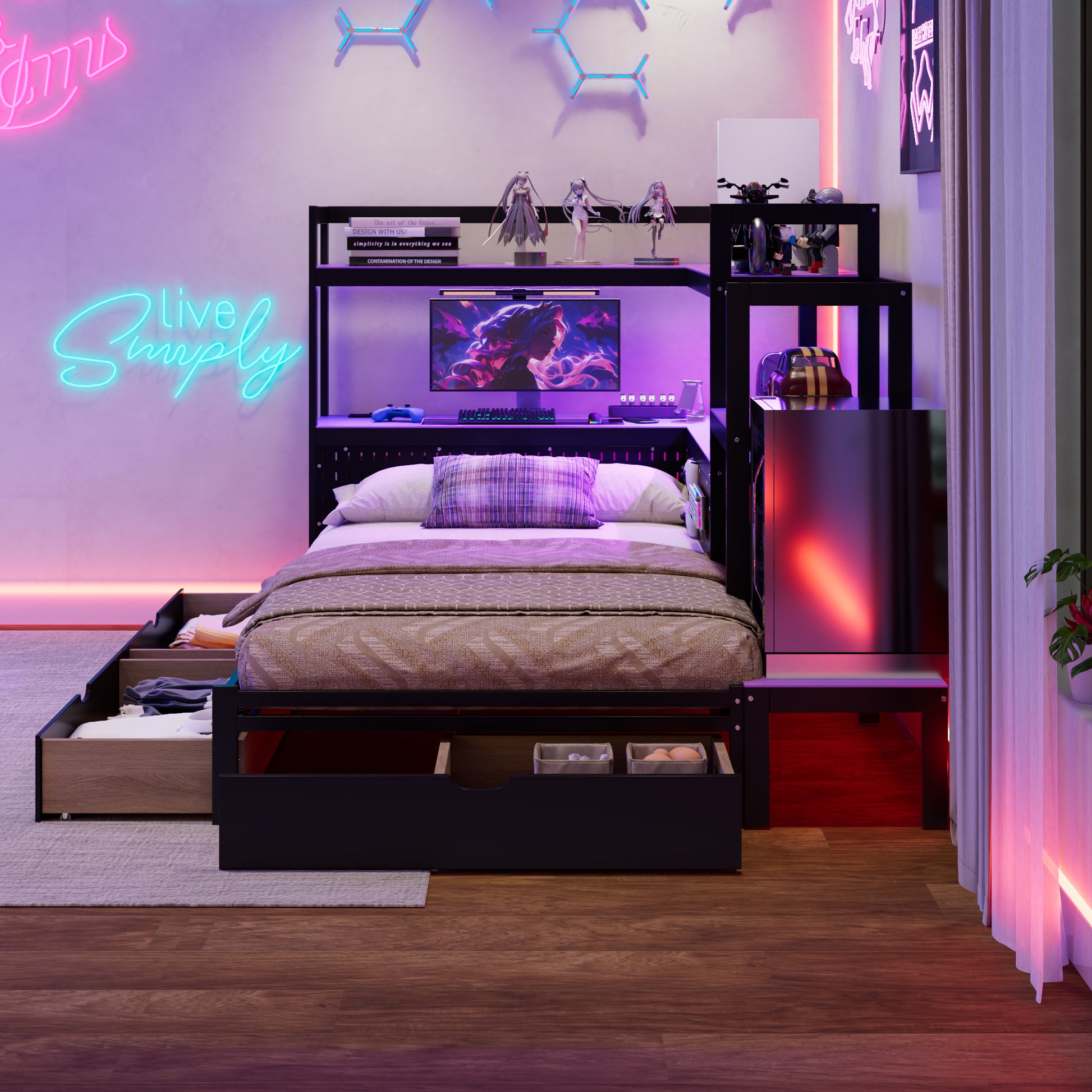 Twin Size Gaming Daybed with Integrated Desk and LED Light, Modern Wooden Bed Frame with 3 Storage Drawers and Built-in Charging Station, Multi-Functional Headboard Bookcase, Black+Purple image 11