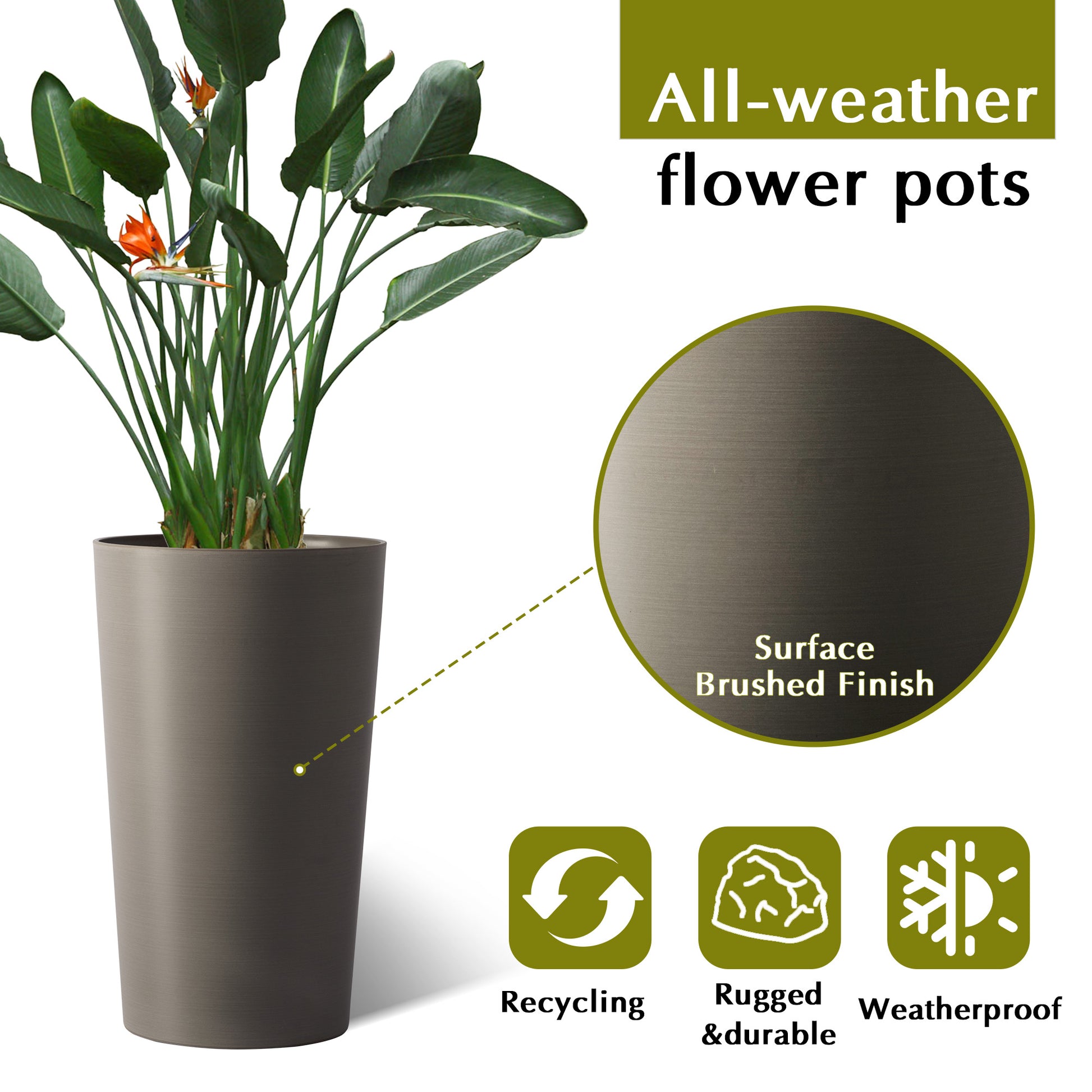 2 Pack Tall 21.7 in Planters for Outdoor Plants Modern Tall Square Planter Box Indoor Outdoor Porch Patio Flower Pot Modern Big Tapered Matte Tree Flower Pot for Garden, (Brown) image 4