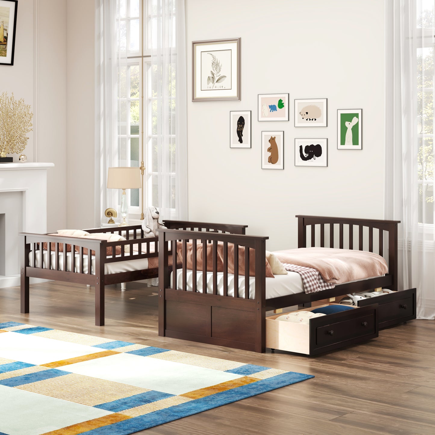 Twin over Twin Bunk Bed with Drawers, Convertible Beds, Espresso image 2