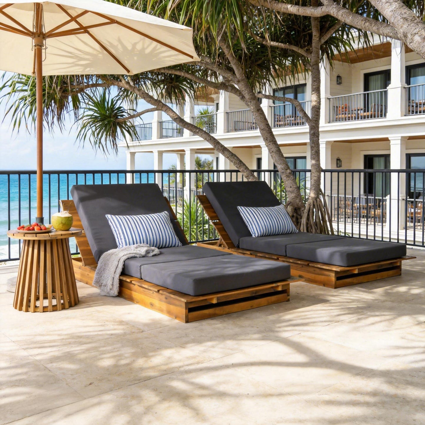 Acacia Wood Chaise Lounge with 4" Thick 3-Fold Dark Gray Movable Cushion – Wide Teak Finish Patio Lounger, 3-Position Recliner, 400 lbs Capacity image 7
