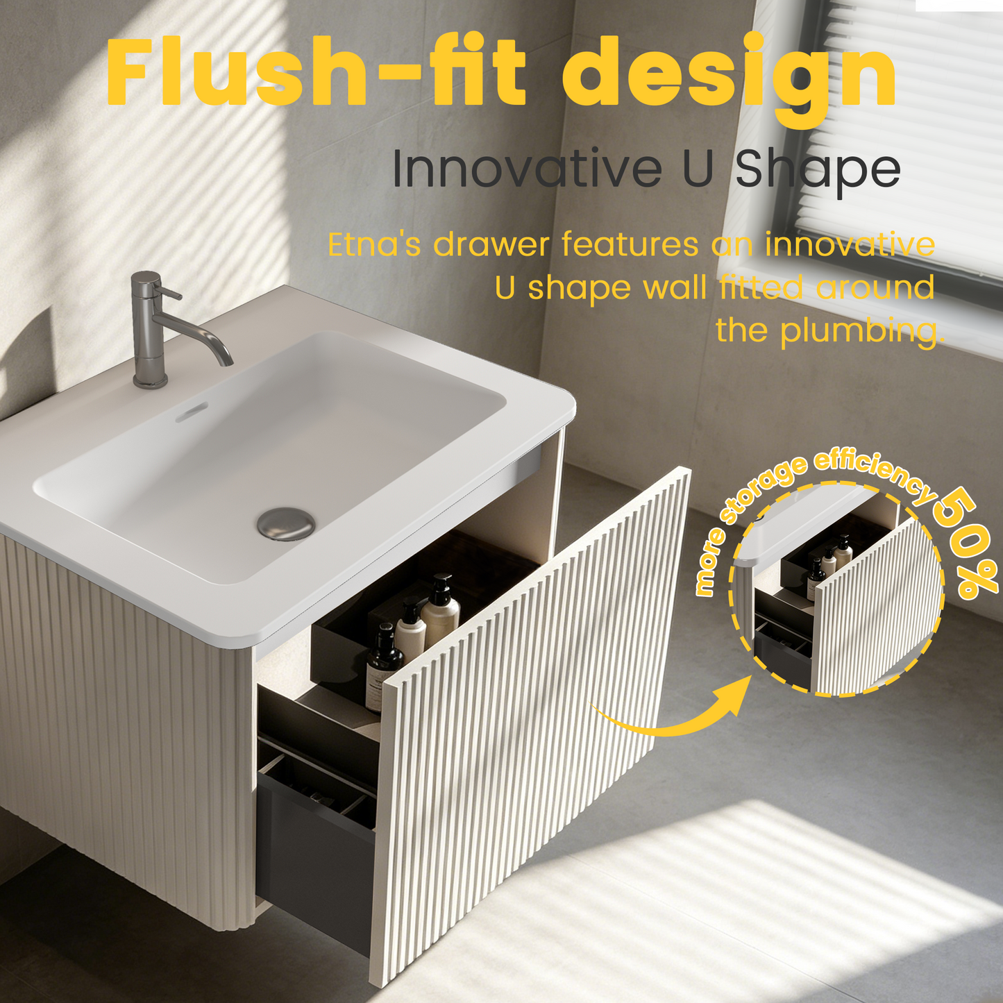 U059-Etna24W-301 Etna 24" Striped Soft White Bathroom Vanity with White Ceramic Sink, Wall Mounted Floating Bathroom Vanity for Modern Bathroom, One-Piece White Sink Basin without Drain, Pre-assembled image 6