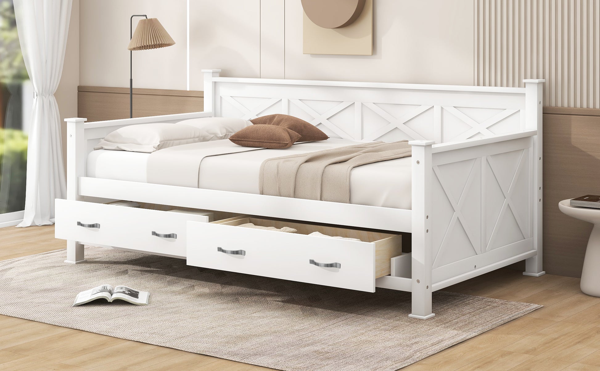 Twin Size Wooden Modern and Rustic Casual Style Daybed, Cream White image 4