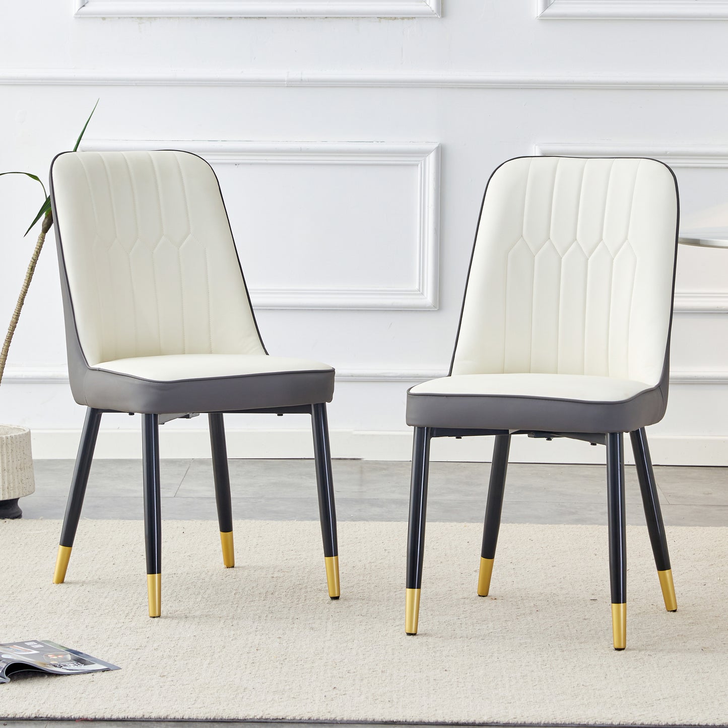 A modern dining chair with a white dark gray dual tone PU leather backrest and black metal legs, suitable for kitchens, bedrooms, and offices. A set of 2 pieces (white+dark gray+PU)C-007 image 1