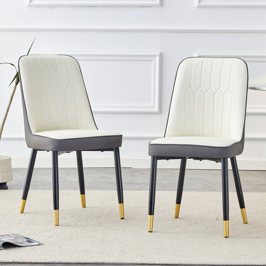 Modern dining chair set of 2 white and dark gray PU leather with black metal legs front view