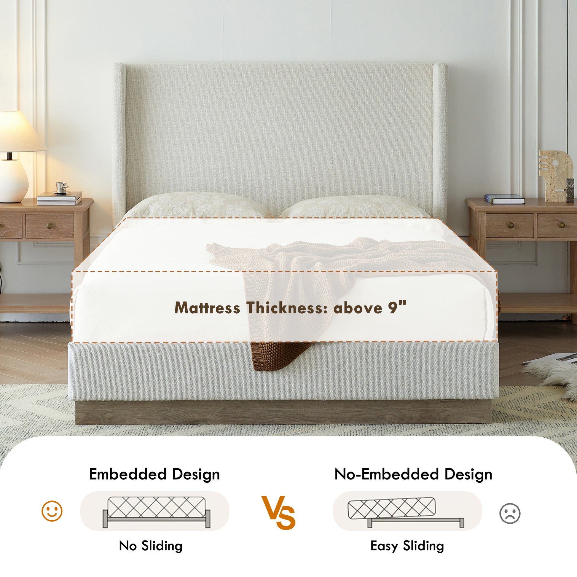 Hosford Upholstered Wingback Bed / Upholstered Wood Base Platform Bed / 52.5" High Headboard / Minimalist / Rusticity / No Box Spring Needed / King / Cream White Boucle / No Noise image 7