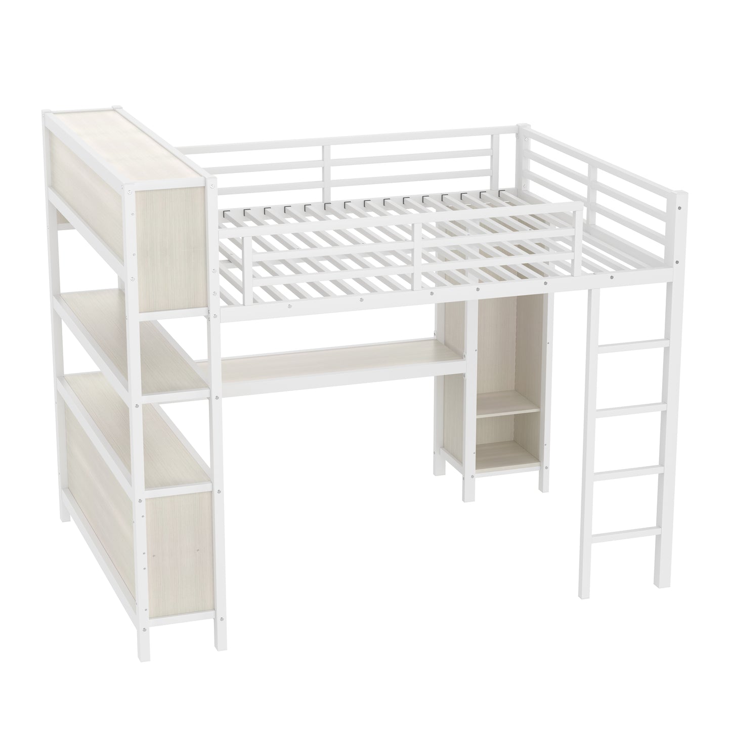 Metal Loft Bed with Wardrobe And L-shaped Desk, Queen Size Loft Bed with Storage Cubes and Shelves, Heavy Duty Loft Bed for Kids Teens Adults, White Wood-grain image 11