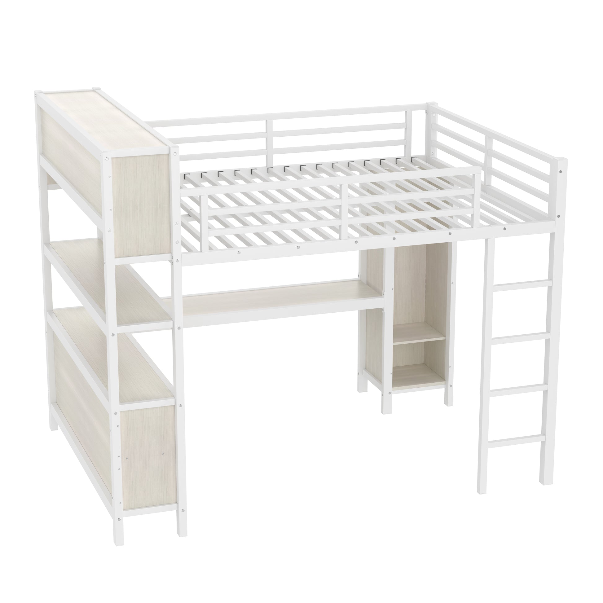 Metal Loft Bed with Wardrobe And L-shaped Desk, Queen Size Loft Bed with Storage Cubes and Shelves, Heavy Duty Loft Bed for Kids Teens Adults, White Wood-grain image 11