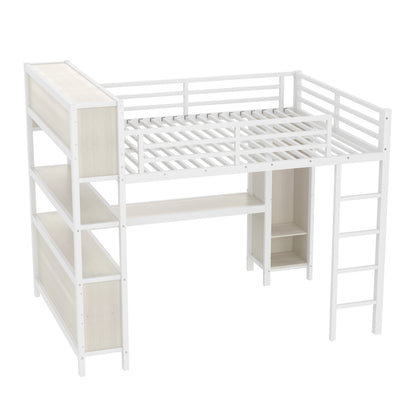 Metal Loft Bed with Wardrobe And L-shaped Desk, Queen Size Loft Bed with Storage Cubes and Shelves, Heavy Duty Loft Bed for Kids Teens Adults, White Wood-grain image 11