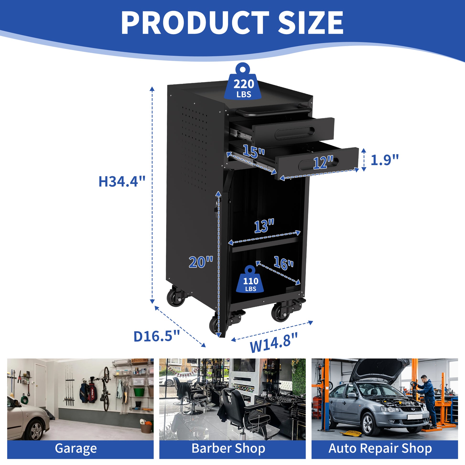 34.3" Narrow Rolling Tool Cabinet - Space-Saving Garage Storage with Lockable Door, 2 Drawers and Large Handle, Slim Metal Organizer for Tight Spaces image 8