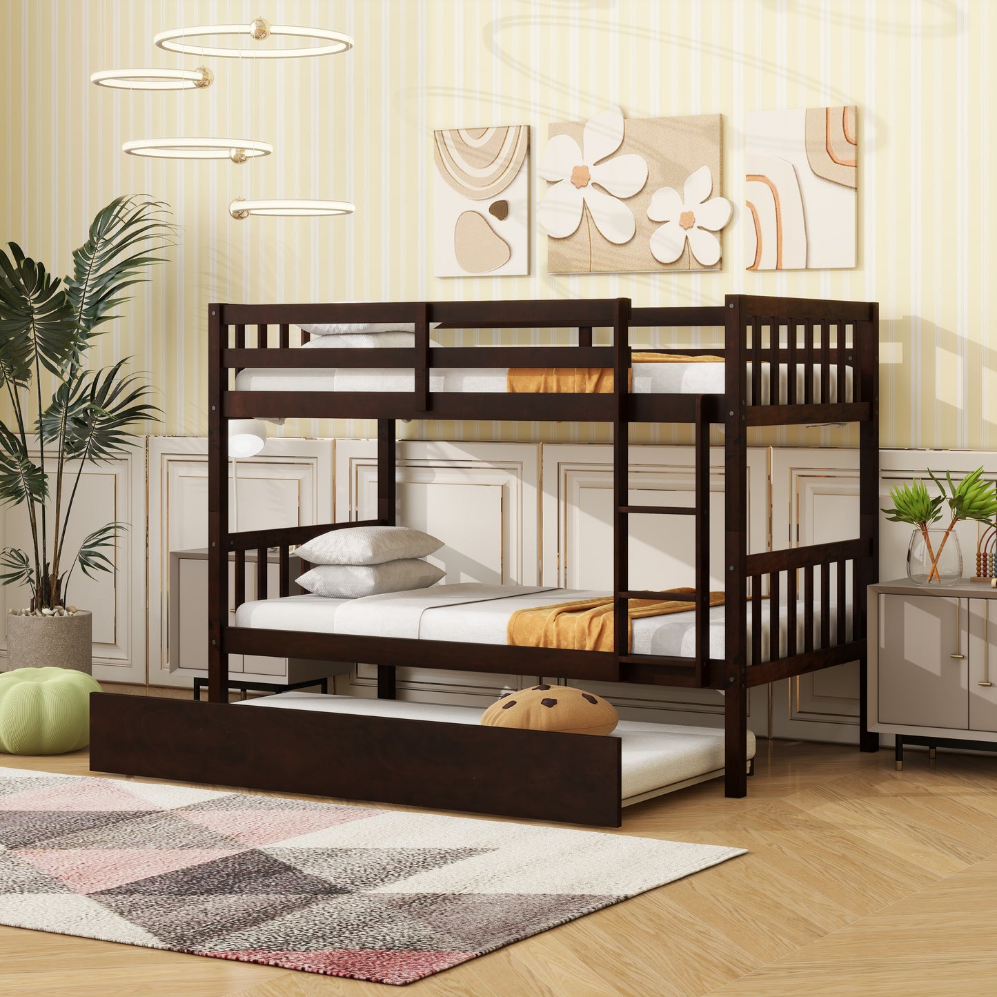 Twin Over Twin Rubber Wood Bunk Bed with Trundle, Convertible into Twin Size Beds, Twin Size Bunk Bed with Ladder and Safety Guardrails,Espresso image 11