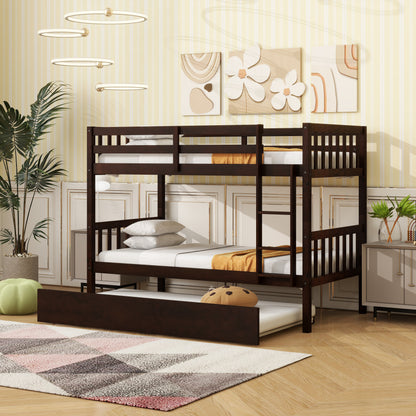 Twin Over Twin Rubber Wood Bunk Bed with Trundle, Convertible into Twin Size Beds, Twin Size Bunk Bed with Ladder and Safety Guardrails,Espresso image 11