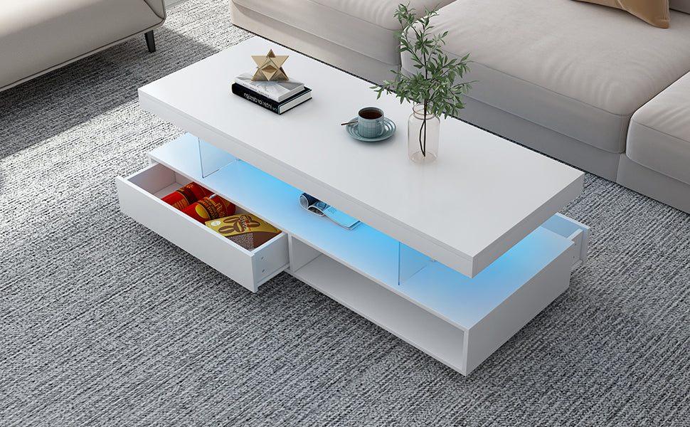 VIBE HAUS LED Coffee Table with Storage, Modern Center Table with 2 Drawers and Display Shelves, Accent Furniture with LED Lights for Living Room,White image 9