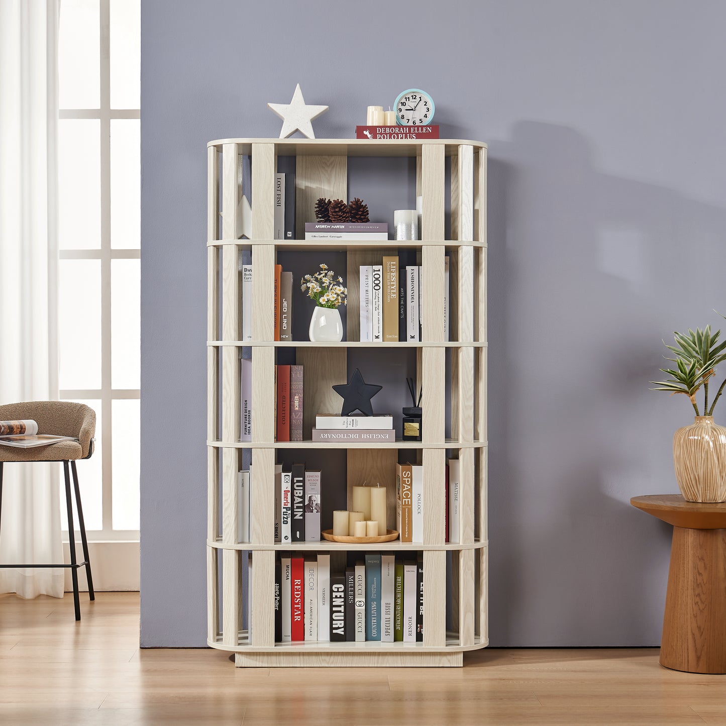 Wooden Oval Open Bookshelf, MDF Grid Frame Freestanding Bookcase, 5-Tier Easy Assembly Storage Display Rack for Living Room Home Office Decor, DIY Free Combination Storage Cabinet Study Room image 1