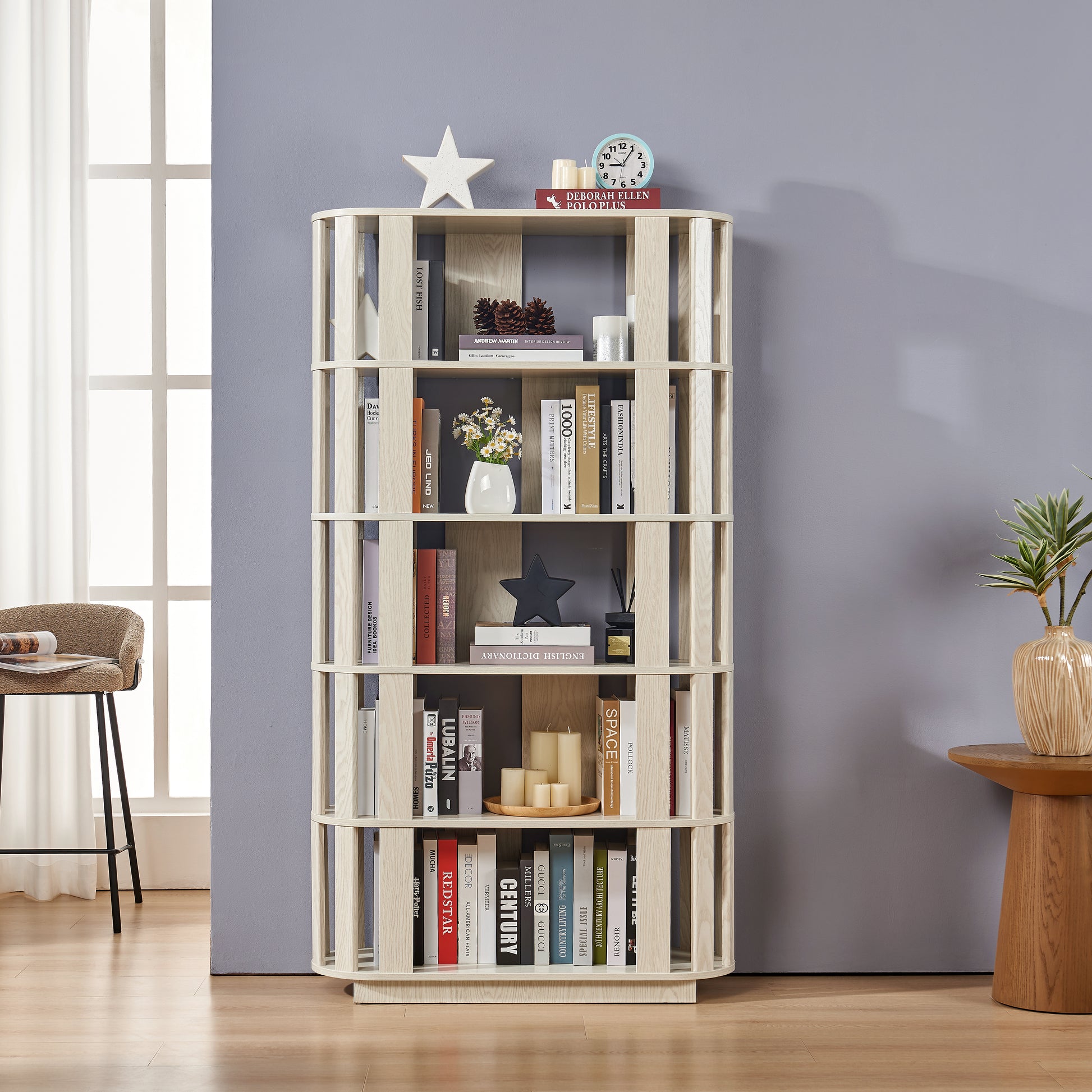 Wooden Oval Open Bookshelf, MDF Grid Frame Freestanding Bookcase, 5-Tier Easy Assembly Storage Display Rack for Living Room Home Office Decor, DIY Free Combination Storage Cabinet Study Room image 1