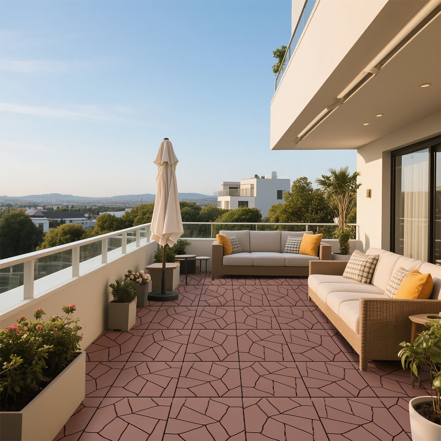 Stone Style 12" Patio Deck Tiles, DIY Module Interlocking Decking Tiles Floor Tile Outdoor and Indoor,Easy and Quick Installation Court Tiles for Porch Poolside Balcony Backyard 44pcs, Brown image 8