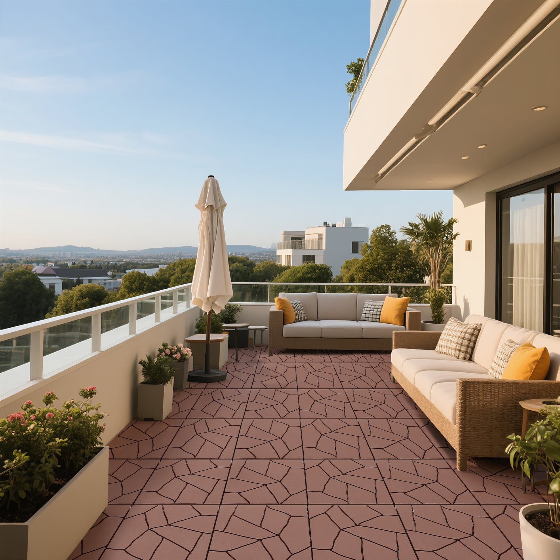 Stone Style 12" Patio Deck Tiles, DIY Module Interlocking Decking Tiles Floor Tile Outdoor and Indoor,Easy and Quick Installation Court Tiles for Porch Poolside Balcony Backyard 44pcs, Brown image 8