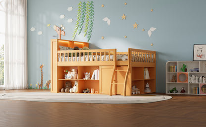 Full Size Loft Bed with Storage, Headboard with LED Light, Natural image 4