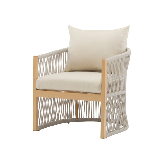 Modern beige curved aluminum lounge chair with rope-weave design and cushioned comfort - front view