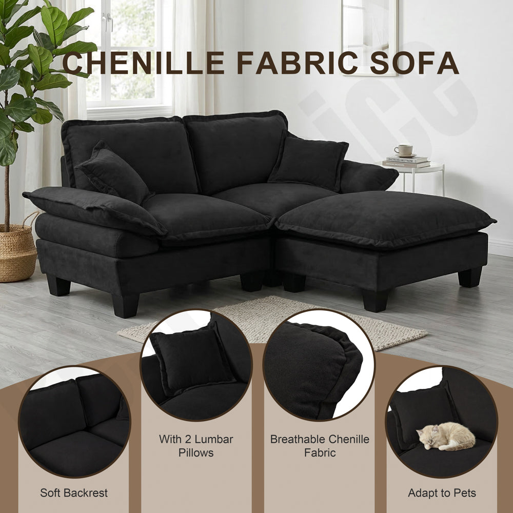 Chenille Sailboat Sofa, 2-Seater Modular Loveseat with Curved Armrests, Comfort-First Couch for Small Spaces & Apartments, Black image 6