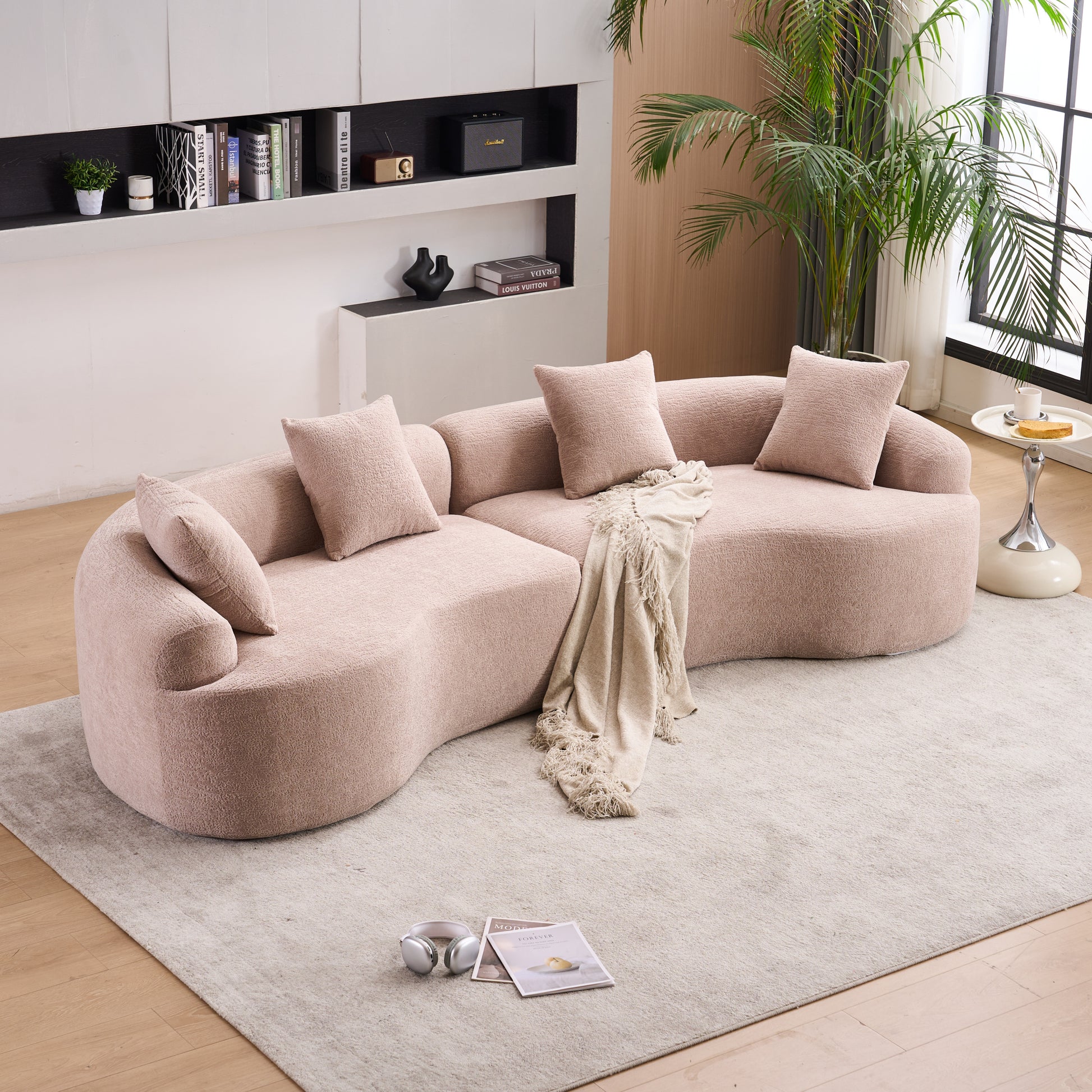 LY-025 Modular Sleeper Sectional Sofa, 4-Seater with Wood Grain Chenille Fabric, Warm Beige Convertible Sofa Bed, 30D High-Density Sponge Couch for Apartment & Living Room image 1