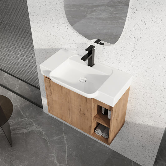 28 inch wall mounted bathroom vanity with white ceramic sink front view