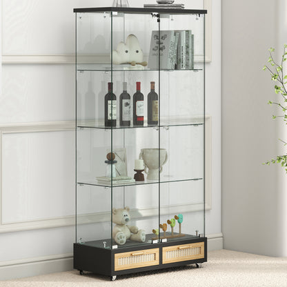 Modern Glass Display Cabinet with Large Drawers,Quick-assembly Antique Cabinet with LED lights,Tempered Glass Bookshelf,2-Door Storage Case with 4 Shelves for Living Room and Bedroom,black and natural image 2