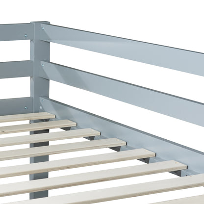 Solid Wooden, Solid Rubber Wooden Twin over Twin Floor Bunk Bed with Ladder, with Bed Platform of Strengthened Slats, Grey image 4