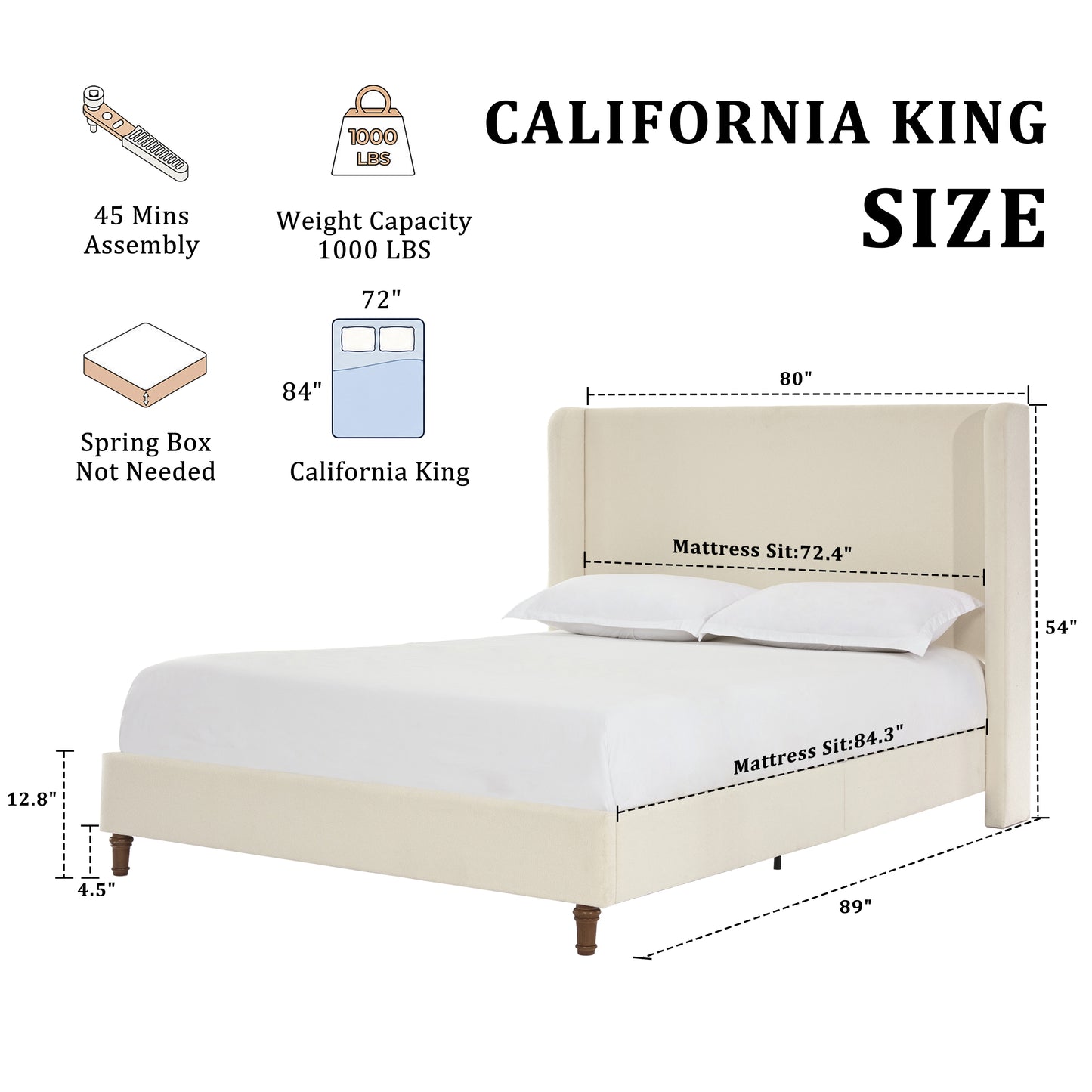 Harper Tall Headboard Upholstered Bed / 54" High Headboard / Elegant Simplicity / No Box Spring Needed / Easy Assembly / California King / Ivory Boucle image 10