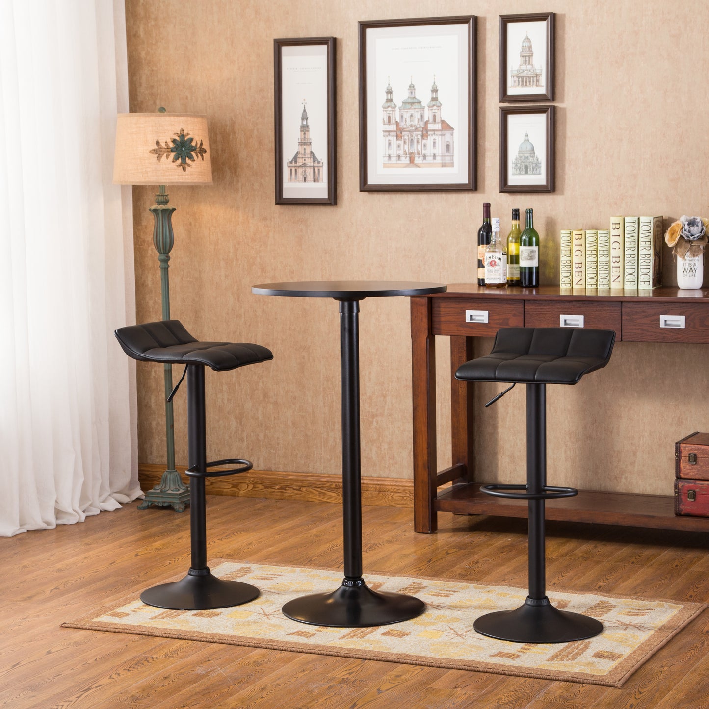 Belham Black Round Top with Black Leg And Base Metal Bar Table and 2 Swivel Black Bonded Leather Adjustable Bar Stool Bar Sets image 3