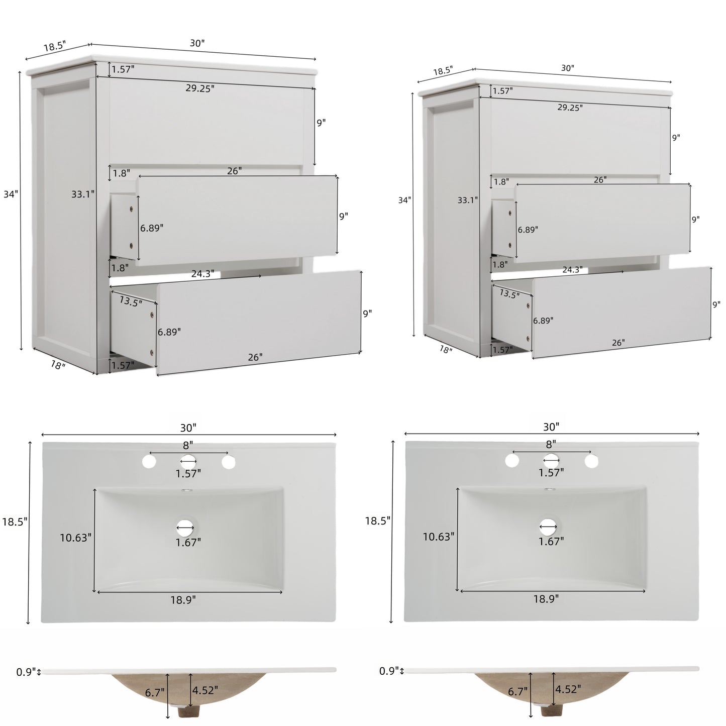 60" Double Sinks Bathroom Vanity Set, Bathroom Cabinet with Two Separate Ceramic Sinks, Full-Extension Drawers & Soft Close Undermount Drawer Slides, White image 4