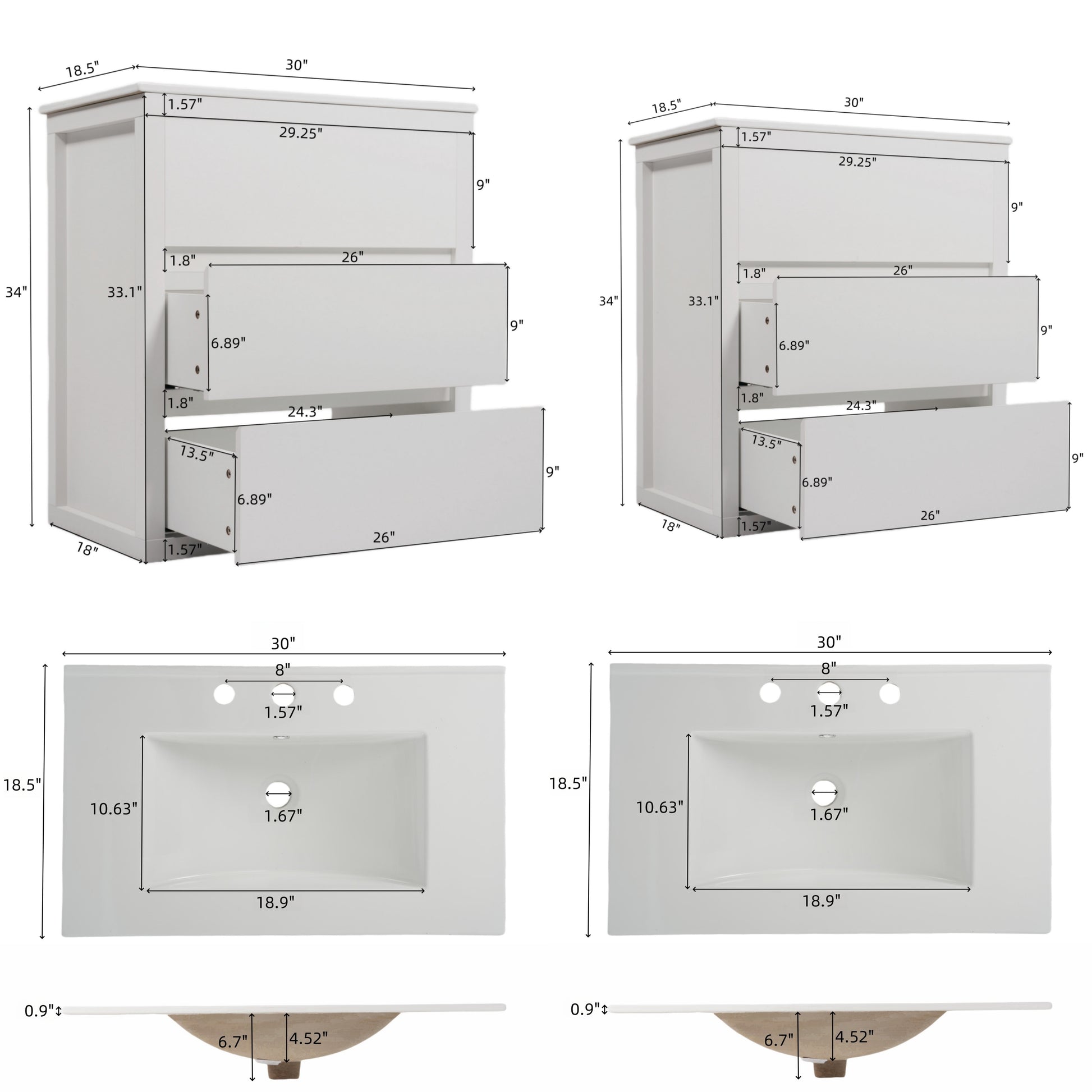 60" Double Sinks Bathroom Vanity Set, Bathroom Cabinet with Two Separate Ceramic Sinks, Full-Extension Drawers & Soft Close Undermount Drawer Slides, White image 4
