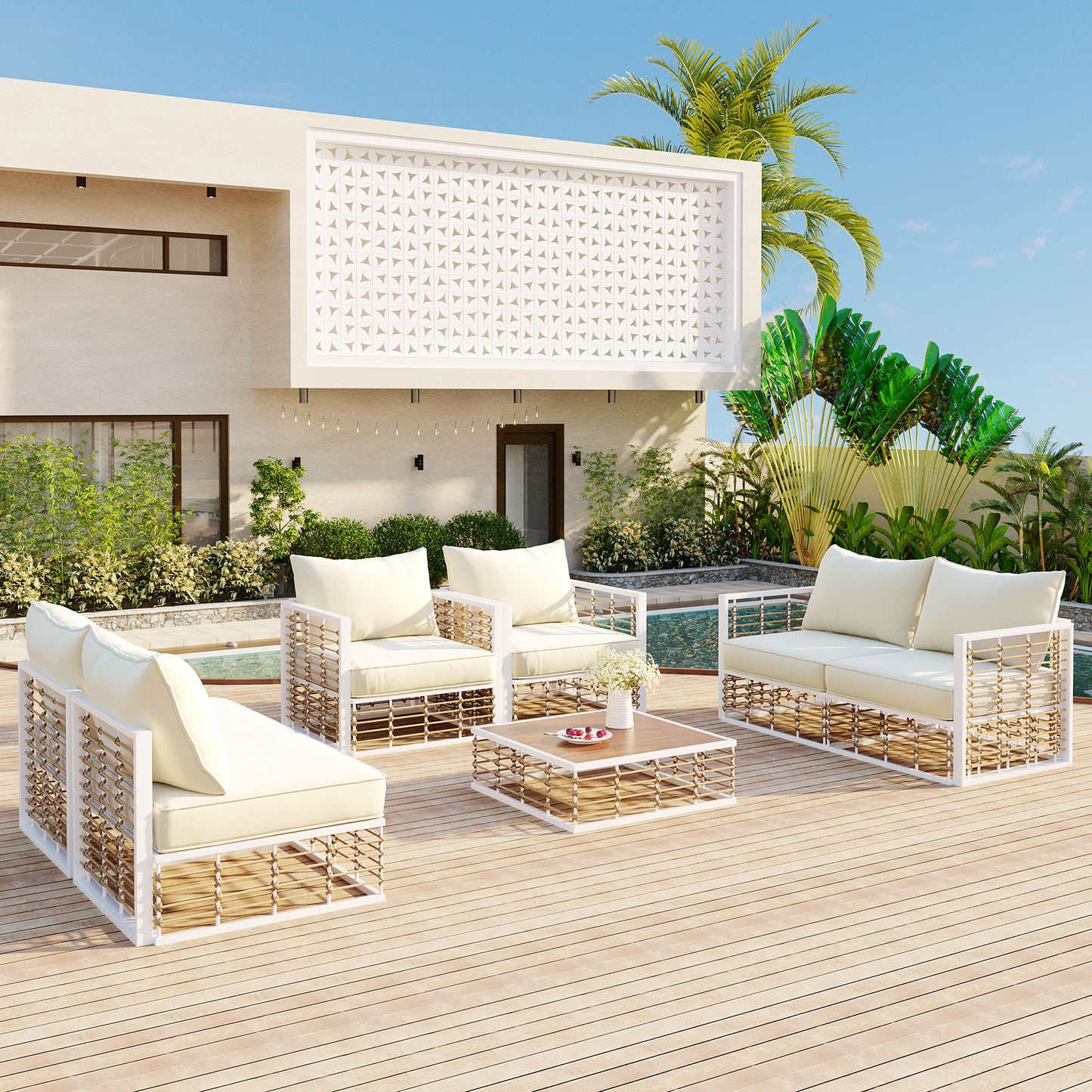 TOPMAX Modern Minimalist 7-Piece Metal Patio Sectional Sofa Set, All-Weather Garden Conversational Furniture Set with Thick Cushions and Coffee Table for Indoor Outdoor, White image 9