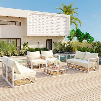 TOPMAX Modern Minimalist 7-Piece Metal Patio Sectional Sofa Set, All-Weather Garden Conversational Furniture Set with Thick Cushions and Coffee Table for Indoor Outdoor, White image 9