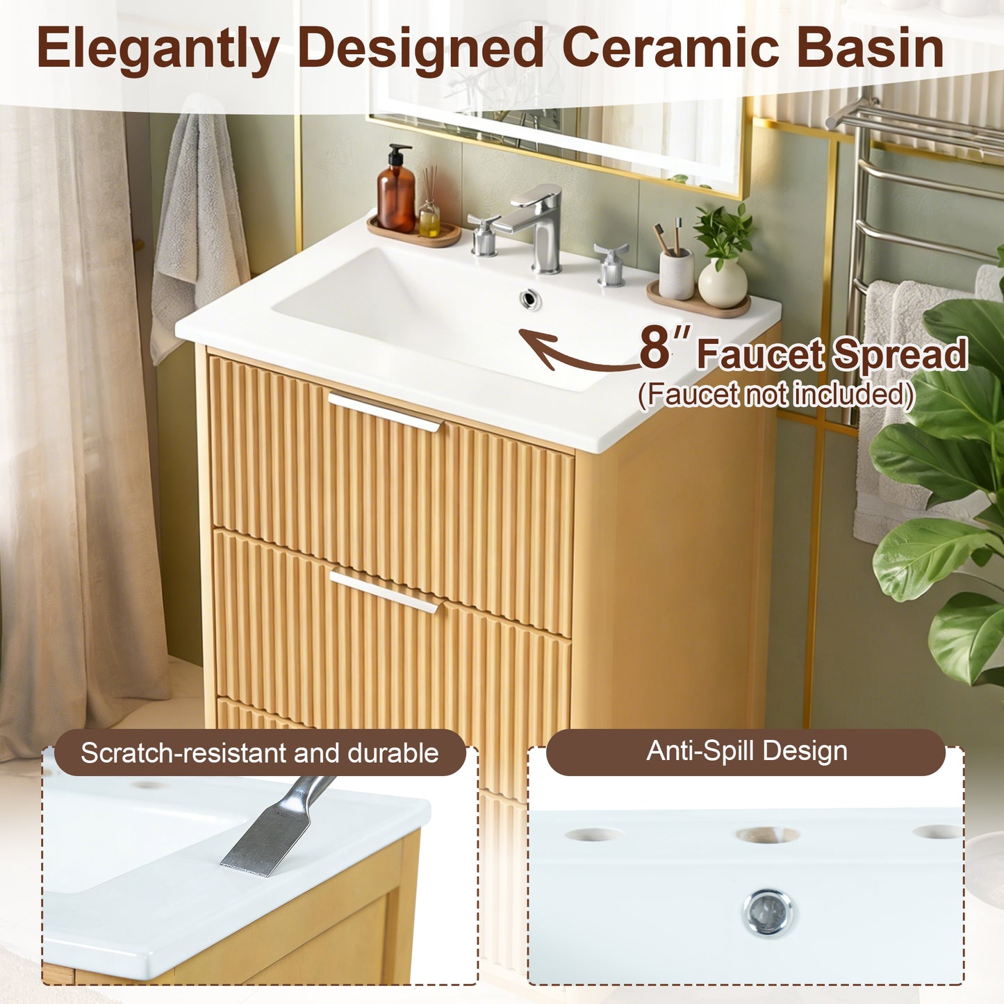 24 inch Modern Luxury Bathroom Vanity with Ceramic Sink, Bathroom Cabinet with Open Shelf and Closed Storage image 6
