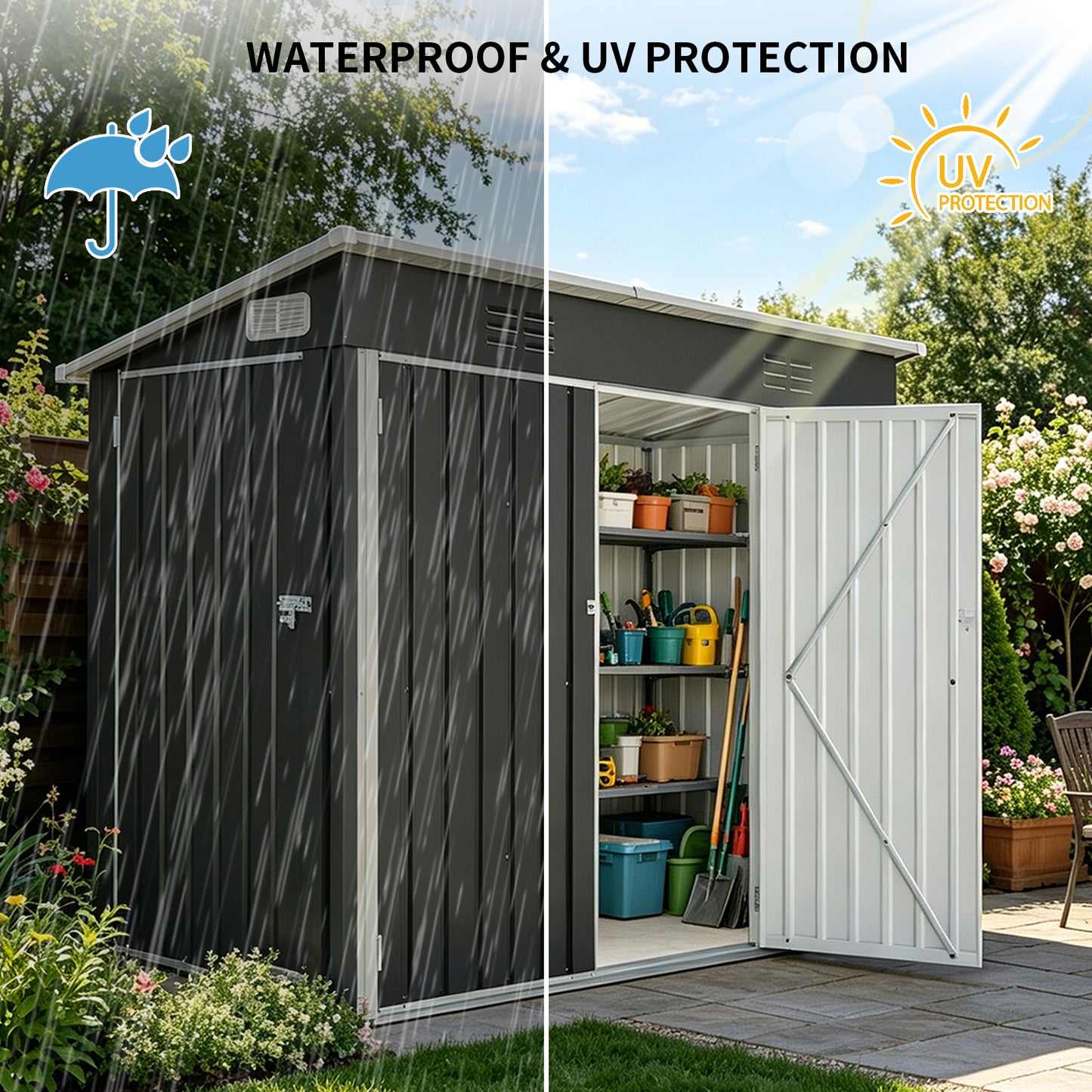 4 x 8 FT Galvanized Steel Outdoor Storage Shed with 3 Access Doors, Ventilated Weatherproof Metal Utility Shed for Garden Tools, Bikes & Patio Equipment,Black(3.58*7.41 ft) image 9