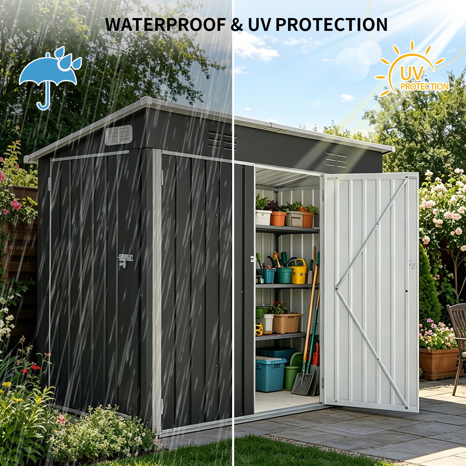 4 x 8 FT Galvanized Steel Outdoor Storage Shed with 3 Access Doors, Ventilated Weatherproof Metal Utility Shed for Garden Tools, Bikes & Patio Equipment,Black(3.58*7.41 ft) image 9