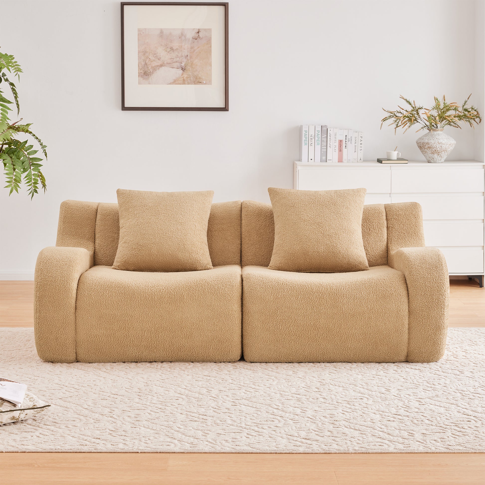 Soft Teddy Fabric Boneless Sofa,No Assembly Required Streamlined Design,Anti-Slip Design 32D High Density Sponge Fits Living Rooms Bedrooms,Camel image 2
