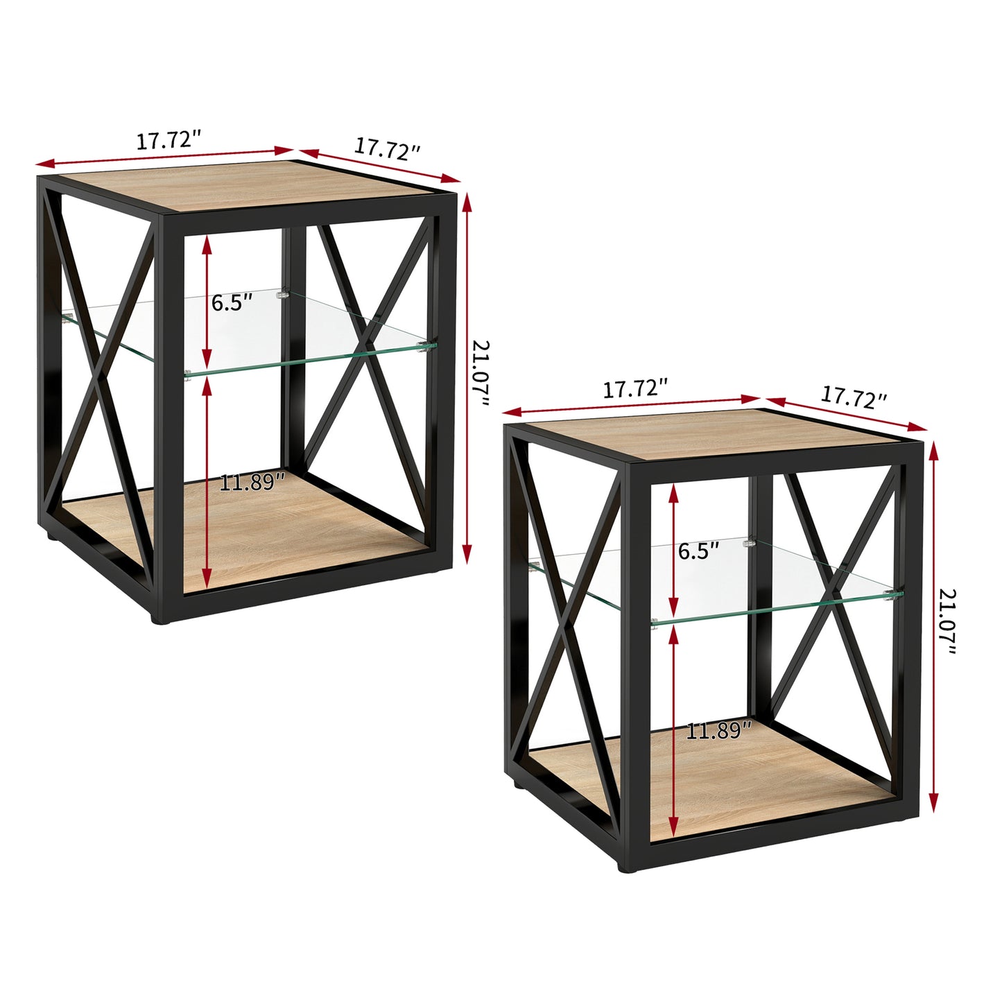 Set of 2 Modern End Table Nightstand for Bedroom & Living Room, Tempered Glass & Natural Wood MDF Top, Industrial Style Side Table image 7