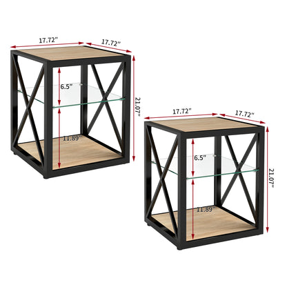 Set of 2 Modern End Table Nightstand for Bedroom & Living Room, Tempered Glass & Natural Wood MDF Top, Industrial Style Side Table image 7