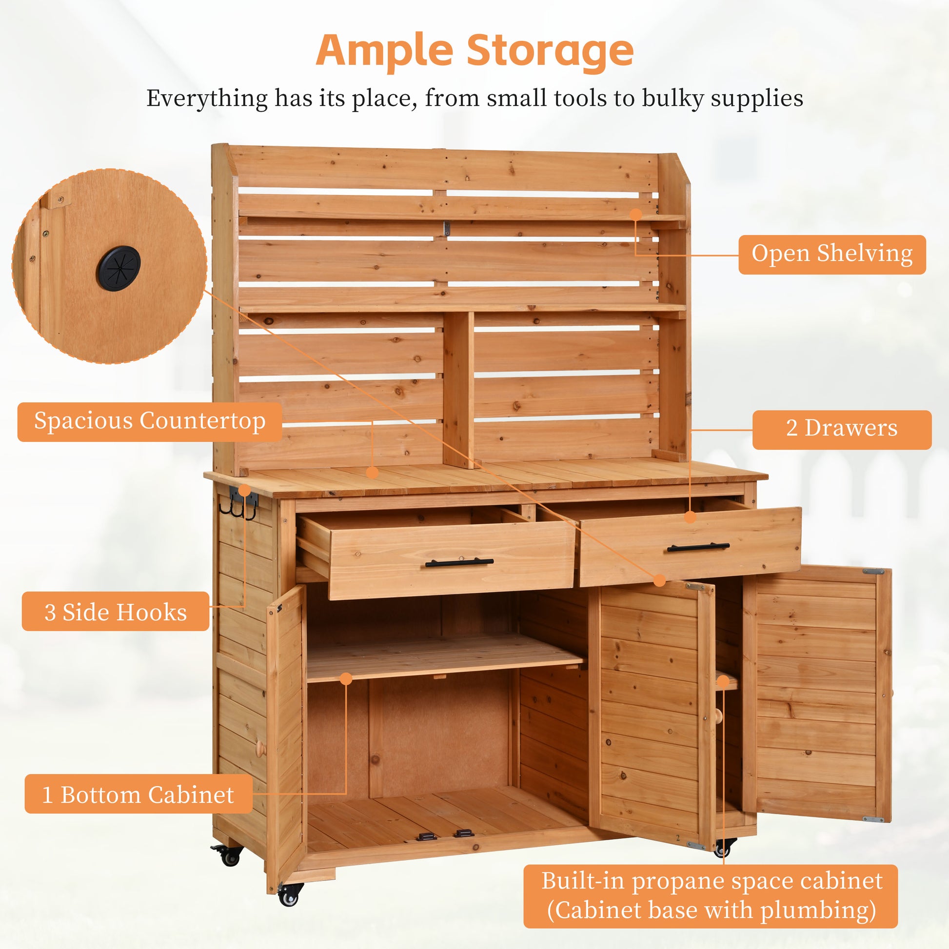 Assembly Video-TOPMAX 65''H Large Garden Potting Bench with Lockable Wheel and Storage Cabinet, Wood Outdoor Kitchen Island Prep Cart with Hutch Top, Drawers and Removal Shelves for Grilling, Natural image 7